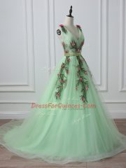 V-neck Sleeveless Court Train Lace Up Dress for Prom Apple Green Tulle