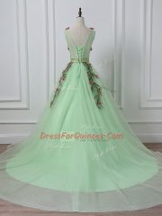 V-neck Sleeveless Court Train Lace Up Dress for Prom Apple Green Tulle