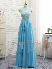 Trendy Baby Blue Backless Halter Top Appliques Prom Dresses Chiffon Sleeveless