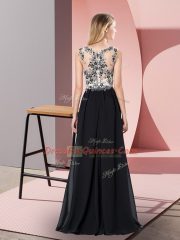 Sexy Black Chiffon Zipper Prom Dress Sleeveless Floor Length Appliques