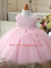 Knee Length Baby Pink Flower Girl Dresses Tulle Sleeveless Appliques and Bowknot