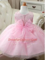 Knee Length Baby Pink Flower Girl Dresses Tulle Sleeveless Appliques and Bowknot