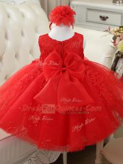 Knee Length Baby Pink Flower Girl Dresses Tulle Sleeveless Appliques and Bowknot