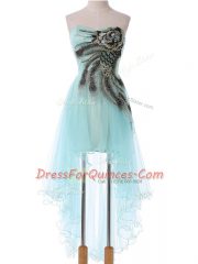 Aqua Blue Sleeveless Appliques High Low Prom Gown