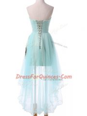 Aqua Blue Sleeveless Appliques High Low Prom Gown