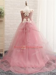 Most Popular Sleeveless Hand Made Flower Zipper Pageant Gowns For Girls with Baby Pink Brush Train