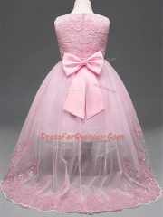 Baby Pink Tulle Zipper Girls Pageant Dresses Sleeveless High Low Lace and Appliques and Bowknot and Hand Made Flower