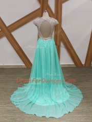 Super Backless Prom Party Dress Apple Green for Prom and Party and Sweet 16 with Beading Brush Train