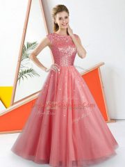 Fashionable Tulle Sleeveless Floor Length Dama Dress for Quinceanera and Beading and Lace