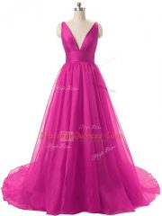 Sleeveless Brush Train Ruching Backless Dress for Prom