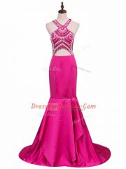 Dramatic Hot Pink Sleeveless Beading Backless Prom Party Dress