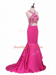 Dramatic Hot Pink Sleeveless Beading Backless Prom Party Dress