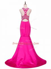 Dramatic Hot Pink Sleeveless Beading Backless Prom Party Dress