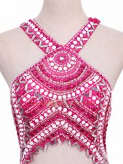 Dramatic Hot Pink Sleeveless Beading Backless Prom Party Dress