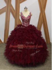 V-neck Sleeveless Backless Sweet 16 Dresses Burgundy Organza