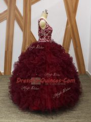 V-neck Sleeveless Backless Sweet 16 Dresses Burgundy Organza