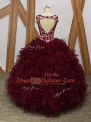 V-neck Sleeveless Backless Sweet 16 Dresses Burgundy Organza