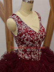 V-neck Sleeveless Backless Sweet 16 Dresses Burgundy Organza