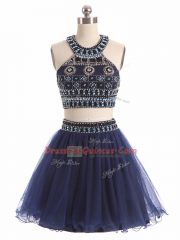 Navy Blue Zipper Beading Sleeveless Mini Length
