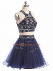 Navy Blue Zipper Beading Sleeveless Mini Length