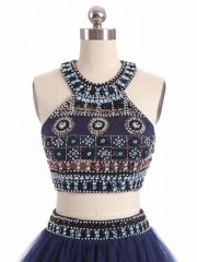 Navy Blue Zipper Beading Sleeveless Mini Length