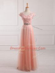 Peach Lace Up V-neck Beading and Lace and Appliques Prom Dress Tulle and Lace Short Sleeves