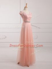 Peach Lace Up V-neck Beading and Lace and Appliques Prom Dress Tulle and Lace Short Sleeves