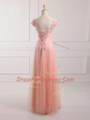 Peach Lace Up V-neck Beading and Lace and Appliques Prom Dress Tulle and Lace Short Sleeves