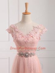 Peach Lace Up V-neck Beading and Lace and Appliques Prom Dress Tulle and Lace Short Sleeves