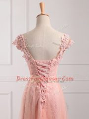 Peach Lace Up V-neck Beading and Lace and Appliques Prom Dress Tulle and Lace Short Sleeves