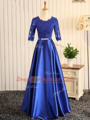 Captivating Scoop Half Sleeves Elastic Woven Satin Prom Evening Gown Embroidery and Belt Zipper