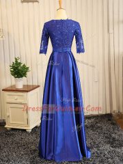 Captivating Scoop Half Sleeves Elastic Woven Satin Prom Evening Gown Embroidery and Belt Zipper
