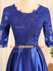 Captivating Scoop Half Sleeves Elastic Woven Satin Prom Evening Gown Embroidery and Belt Zipper