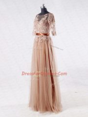 Luxurious Half Sleeves Tulle Floor Length Zipper Prom Party Dress in Brown with Lace and Appliques