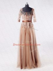 Luxurious Half Sleeves Tulle Floor Length Zipper Prom Party Dress in Brown with Lace and Appliques