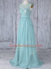 Shining Cap Sleeves Sweep Train Lace Backless Quinceanera Dama Dress