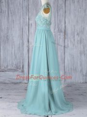 Shining Cap Sleeves Sweep Train Lace Backless Quinceanera Dama Dress