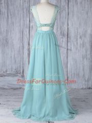 Shining Cap Sleeves Sweep Train Lace Backless Quinceanera Dama Dress