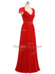 Hot Selling Red Prom and Party and Military Ball with Beading and Ruching and Belt Sweetheart Short Sleeves Zipper