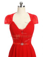 Hot Selling Red Prom and Party and Military Ball with Beading and Ruching and Belt Sweetheart Short Sleeves Zipper