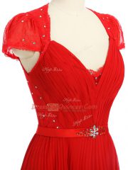 Hot Selling Red Prom and Party and Military Ball with Beading and Ruching and Belt Sweetheart Short Sleeves Zipper