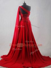 Wine Red One Shoulder Zipper Beading and Belt Prom Evening Gown Court Train Sleeveless