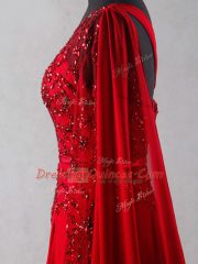 Wine Red One Shoulder Zipper Beading and Belt Prom Evening Gown Court Train Sleeveless