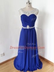 Custom Fit Royal Blue Zipper Scoop Beading and Ruching Prom Dress Chiffon Short Sleeves