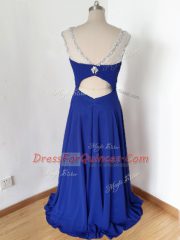 Custom Fit Royal Blue Zipper Scoop Beading and Ruching Prom Dress Chiffon Short Sleeves