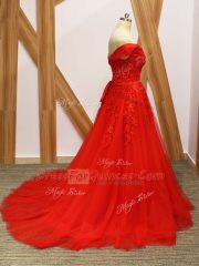 Coral Red Sleeveless Brush Train Lace and Appliques Prom Evening Gown