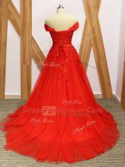 Coral Red Sleeveless Brush Train Lace and Appliques Prom Evening Gown