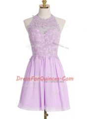 Traditional Lavender Lace Up Quinceanera Court Dresses Appliques Sleeveless Knee Length