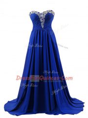 Royal Blue Sleeveless Elastic Woven Satin Brush Train Lace Up for Prom and Party