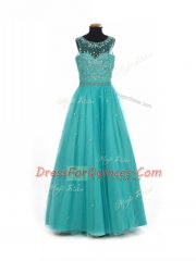 Classical Empire Kids Formal Wear Teal Scoop Tulle Sleeveless Floor Length Lace Up